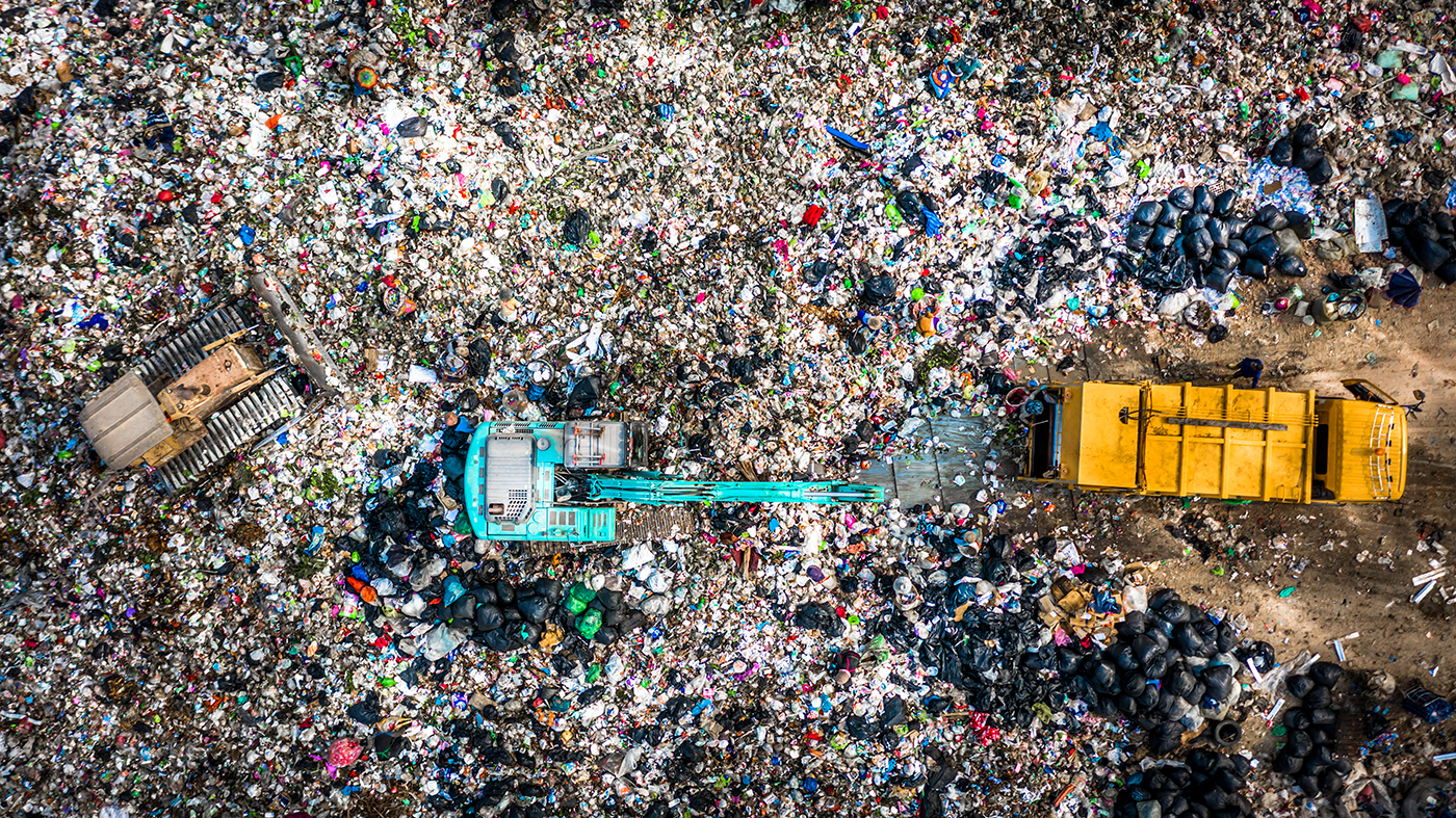 Garbage pile in trash dump or landfill, Aerial view garbage tru